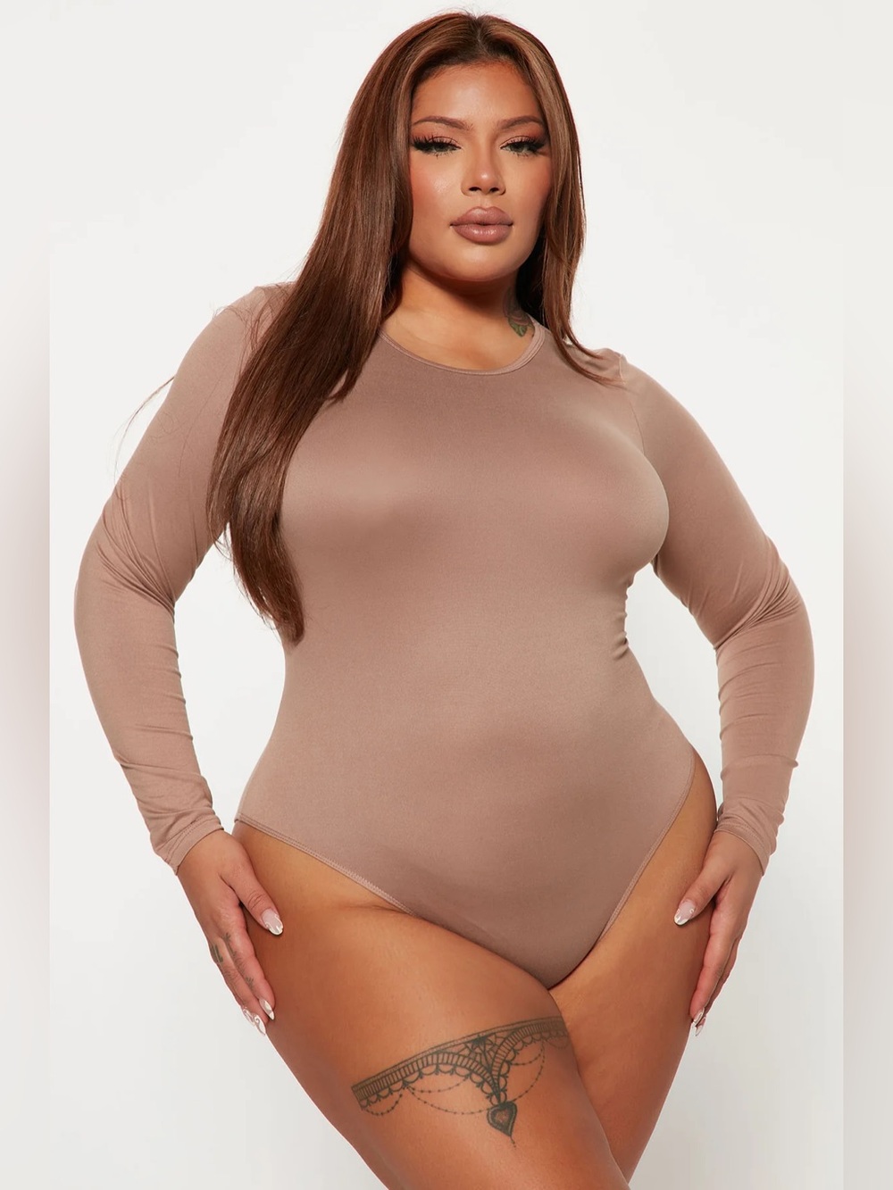 Fashion Nova Don't Be Basic Bodysuit Long Sleeve Scoop Neck Bodysuit - Taupe 2X